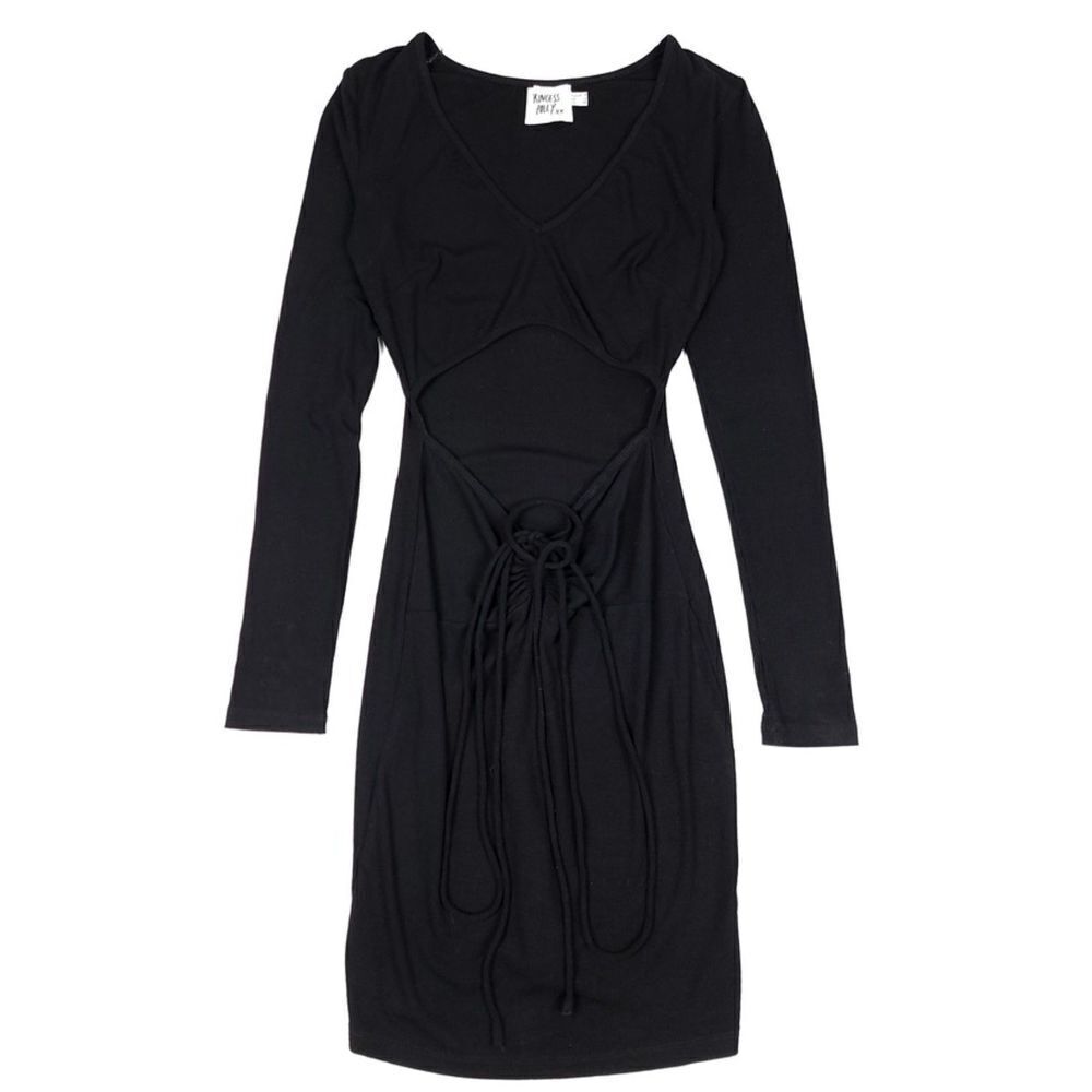 PRINCESS POLLY Telena Ribbed Knit Ruched Long Sleeve Dress Black 90s Minimal 4